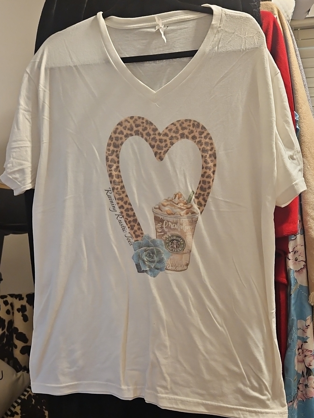 Next Level Apparel White V-Neck Tee with Leopard Heart, Coffee Cup & Blue Floral